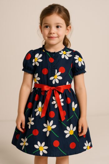 Robe Fille Fleurs et Noeud Rouge
