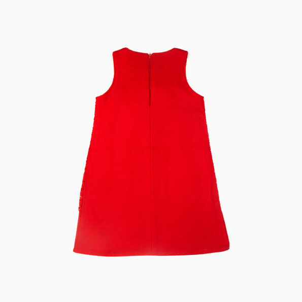 Robe en cashmere, dentelle rouge et petit sac