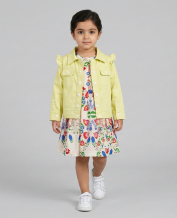 Ensemble Fille ZARIF : Robe Fleurie et Veste en Jean Vert Pistache