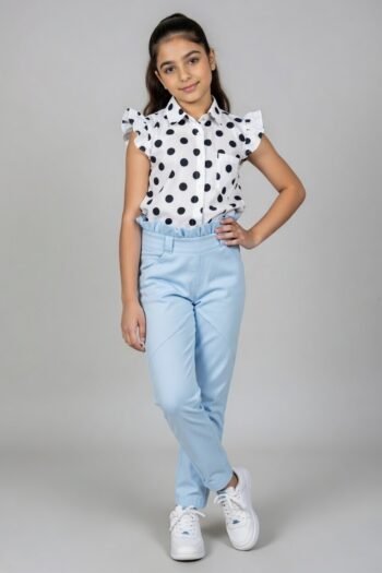 بنطال أنيق للبنات باللون الأزرق مع خصر مجمع