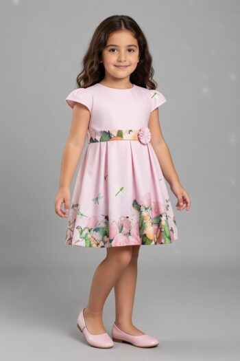 Robe rose à fleurs et manches volantées