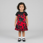 Robe volantée fille rouge à fleurs – Coupe princesse en coton doublé