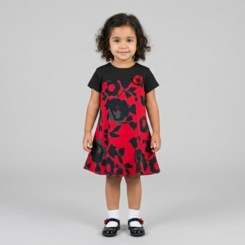 Robe volantée fille rouge à fleurs – Coupe princesse en coton doublé